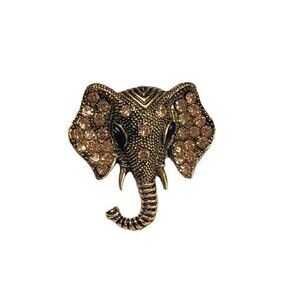 Elephant Pin Brooch Striped Trunk Rhinestone Ears 1.5 Inches Gold Tone Black